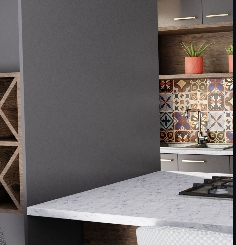 Kitchen design — marble island with patterned tile splashback