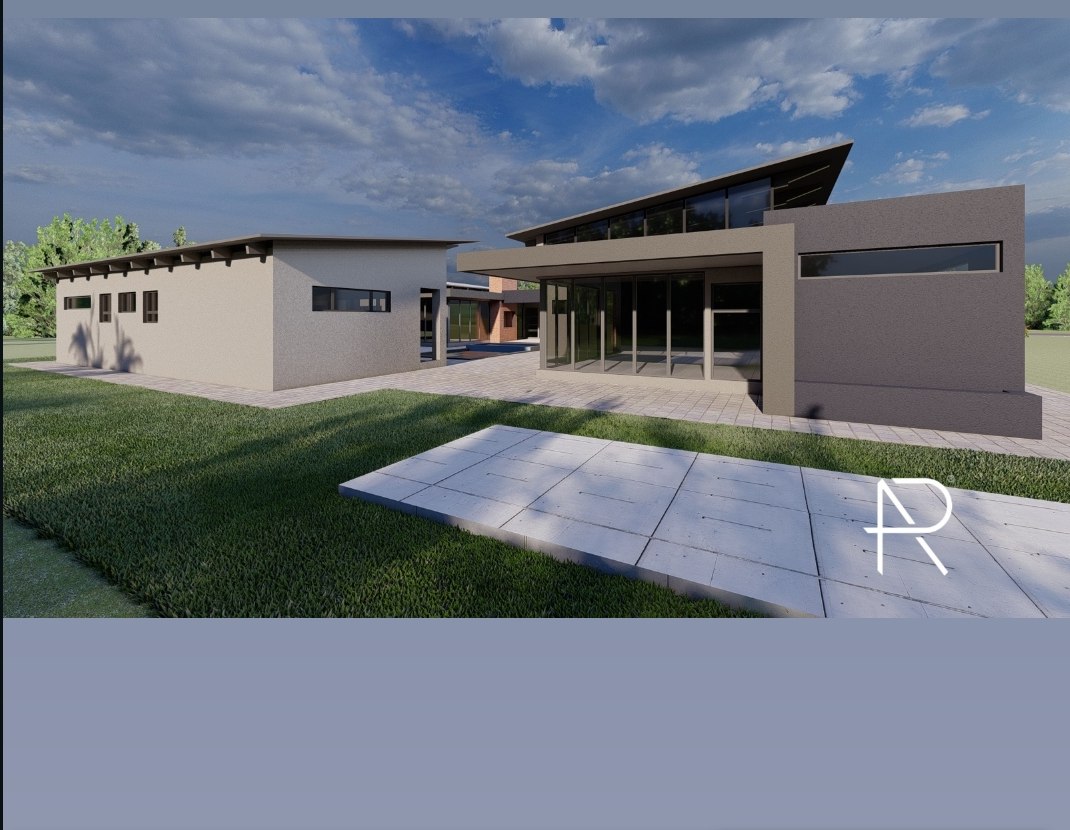 Modern house concept — dusk exterior with full-height glazing